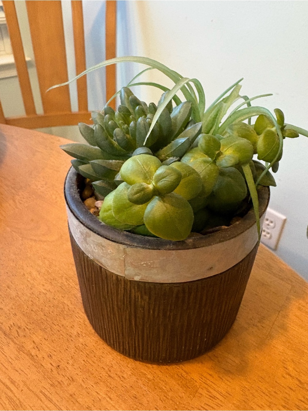 Green Faux Succulent Arrangement in Dark Brown Pot